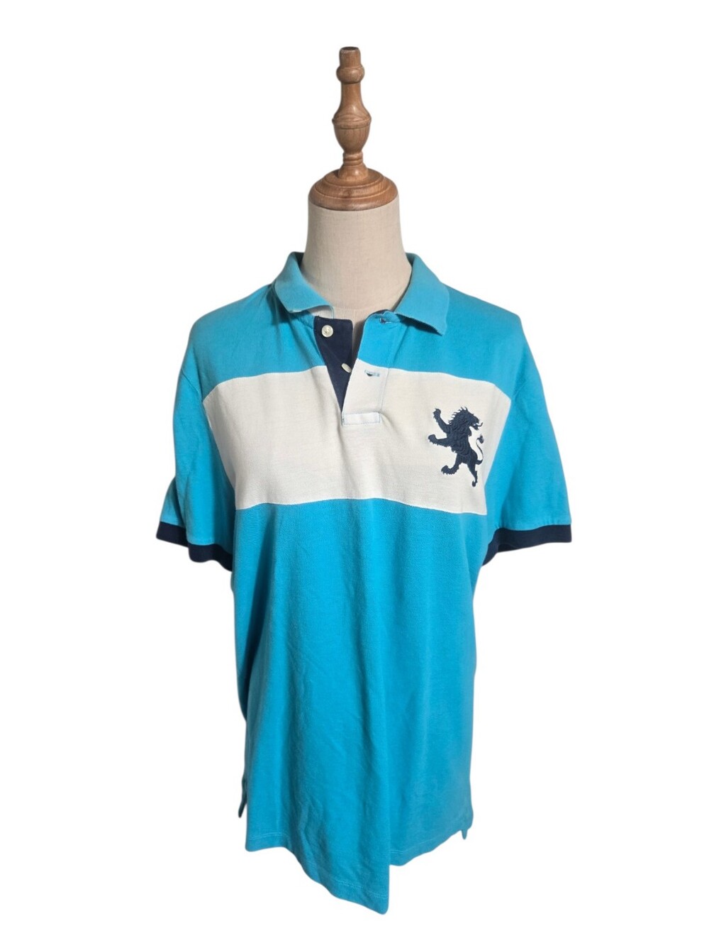 Express Vintage Turquoise and White Men's Polo Shirt with Lion Crest And Number